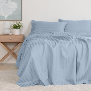 KENSINGTON 1200TC COTTON SHEET SET IN STRIPE-KING - CHAMBRAY (BLUE)-1833647259464634369